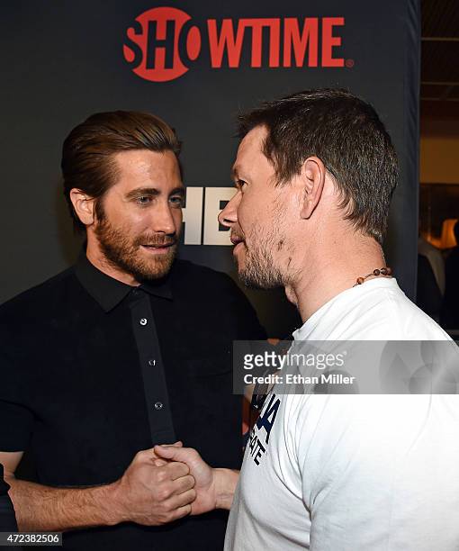Actors Jake Gyllenhaal and Mark Wahlberg attend the SHOWTIME And HBO VIP Pre-Fight Party for 'Mayweather VS Pacquiao' at MGM Grand Hotel & Casino on...