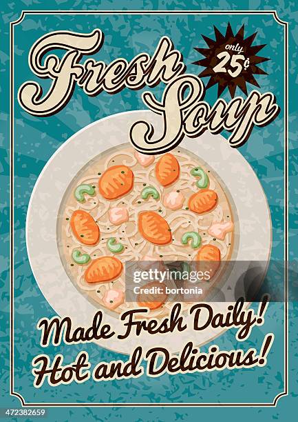 vintage soup poster - chicken soup stock illustrations