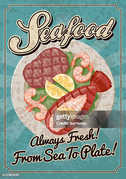 vintage seafood poster - surf and turf stock illustrations