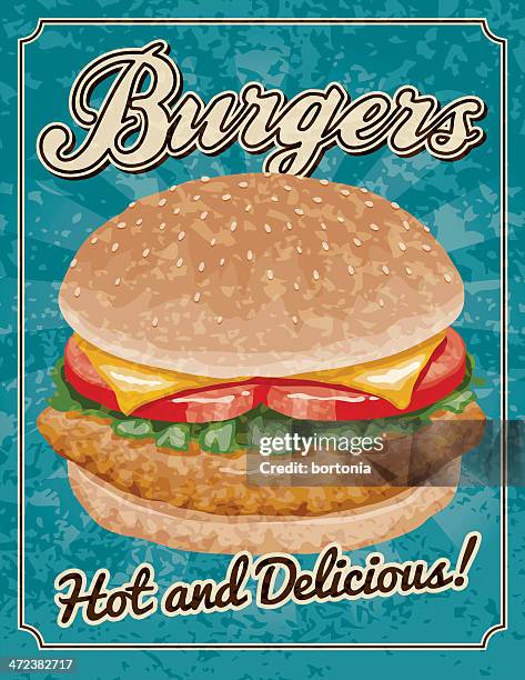 ilustraciones, imágenes clip art, dibujos animados e iconos de stock de cartel vintage hamburguesas - bollo con semillas de sésamo