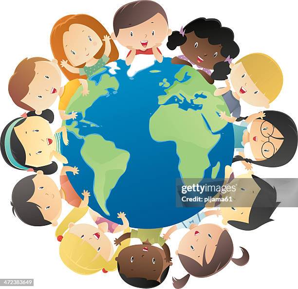 happy kids around the globe - earth cartoon stock illustrations