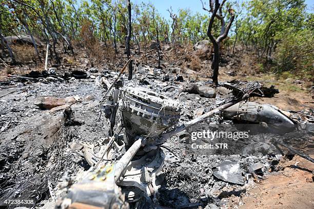 View of the remains of the Mexican military helicopter Cougar EC725 in Villa Vieja community, Villa Purificacion, Jalisco State, on May 06, 2015. A...