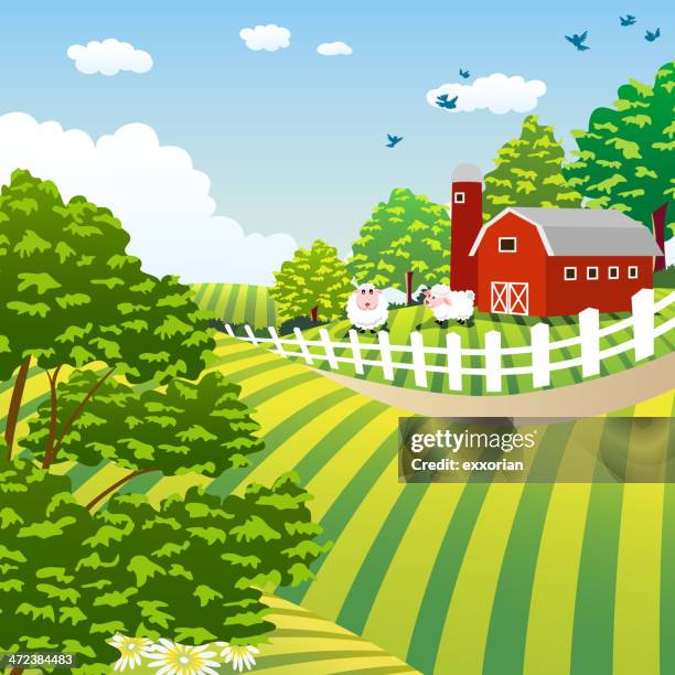 spring frame landscape - sheep farm stock illustrations