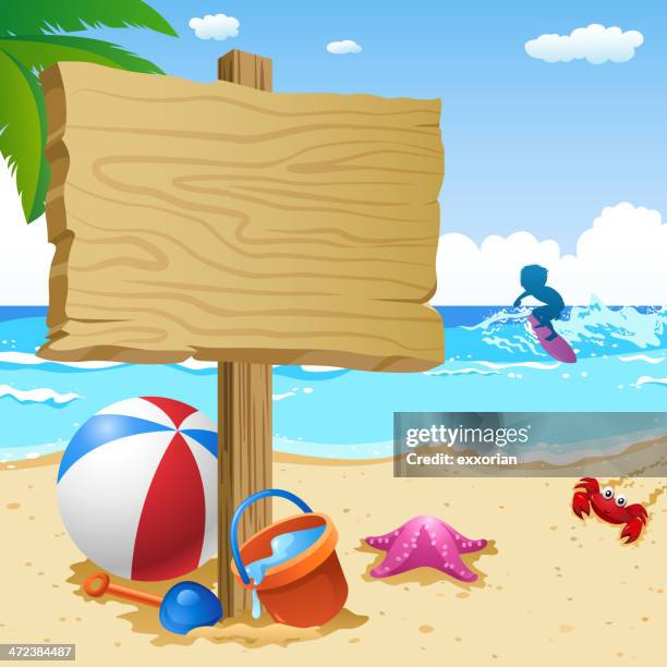 wooden notice board at summer beach - coconut balls stock illustrations
