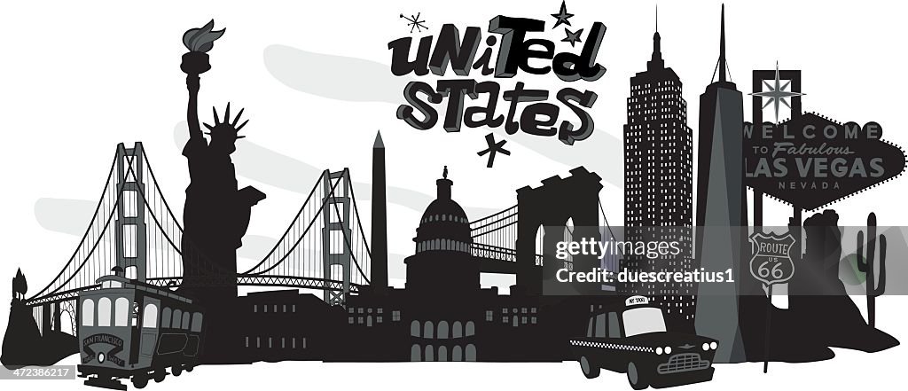 Black-and-white cartoon collage of various USA landmarks