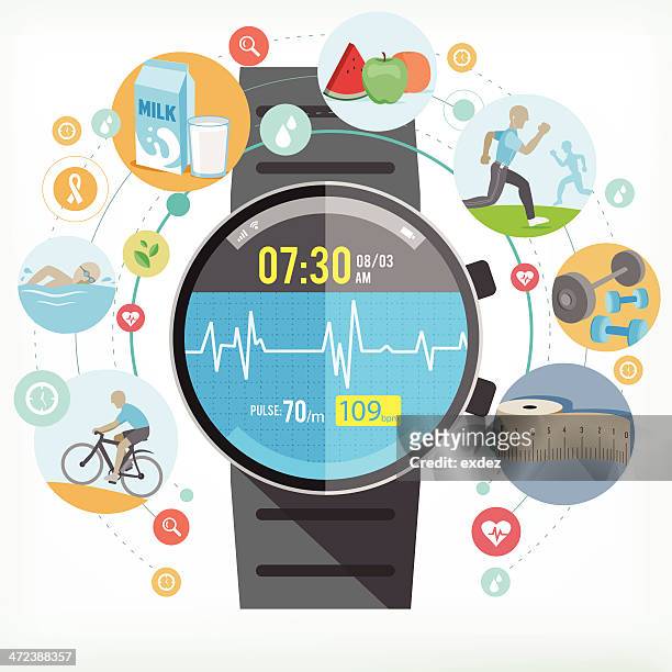 ilustraciones, imágenes clip art, dibujos animados e iconos de stock de reloj inteligente de vida saludable - exercising stock illustrations