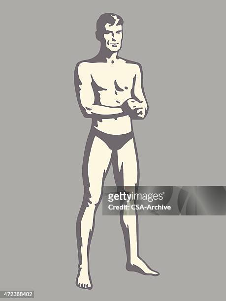 man wearing small swim suit - hunky guy on beach stock illustrations