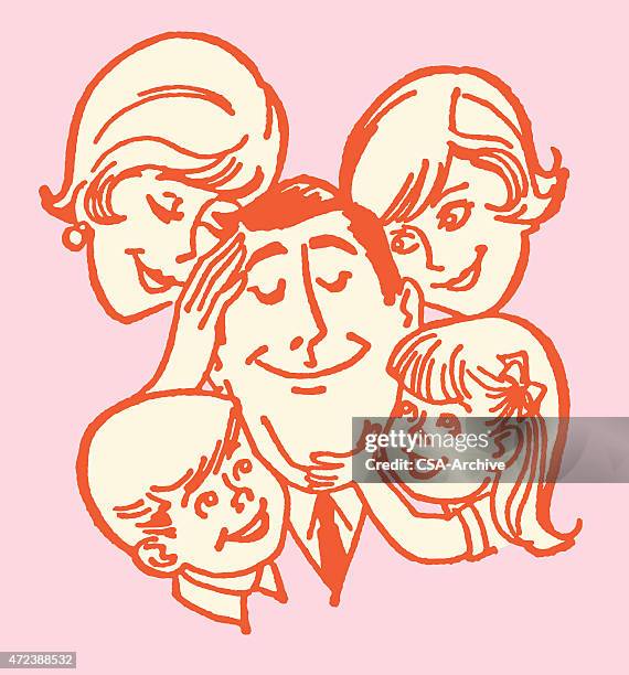 family surrounding smiling dad - three children stock illustrations