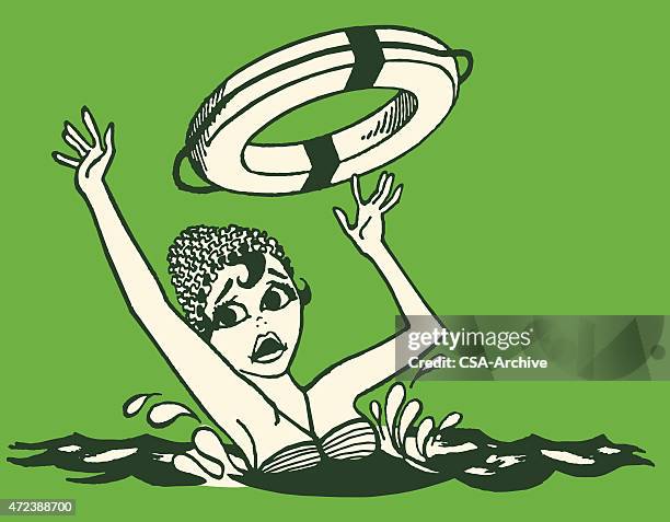 drowning woman - life ring pool stock illustrations