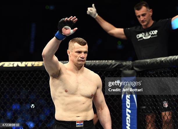 Mirko Cro Cop enters the Octagon before facing Gabriel Gonzaga in their heavyweight fight during the UFC Fight Night event at the Tauron Arena on...