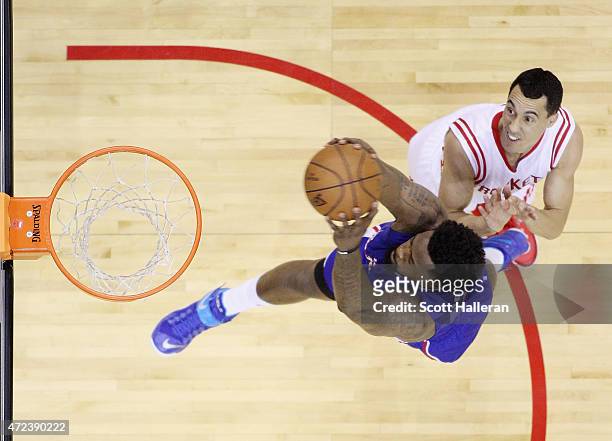DeAndre Jordan of the Los Angeles Clippers drives with the ball against Pablo Prigioni of the Houston Rockets during Game Two in the Western...