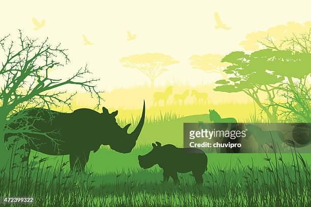 green and yellow silhouettes of african wildlife - animal wildlife stock illustrations