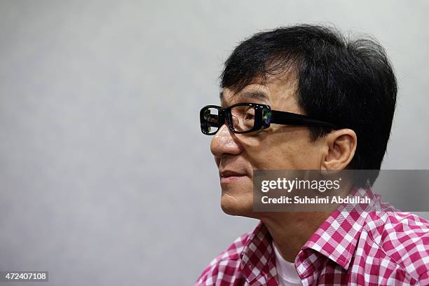 Hong actor and director, Jackie Chan speaks to the media prior to the launch of a new mobile anti-drug game application, Aversion at Nanyang...