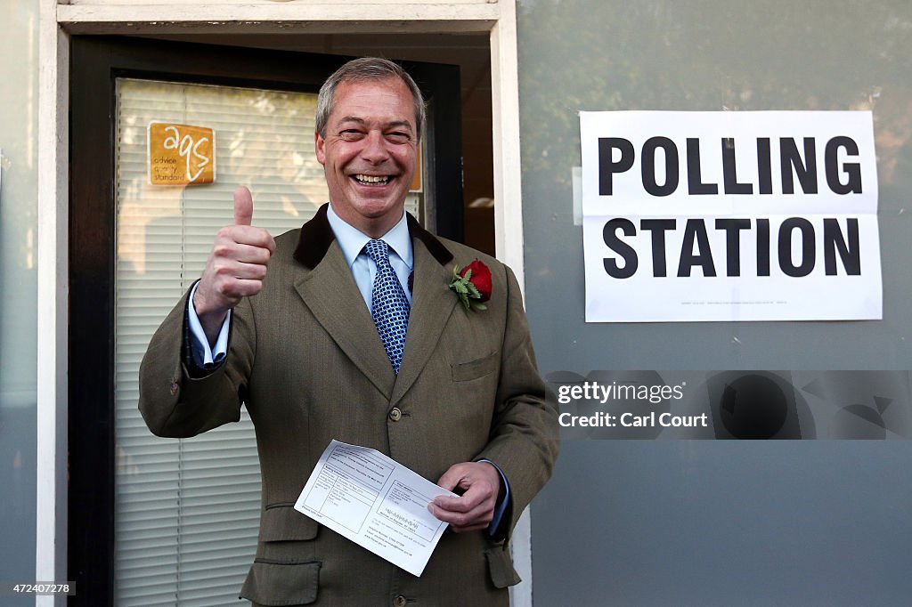 Leader Of UKIP, Nigel Farage, Casts His Vote As The UK Goes To The Polls