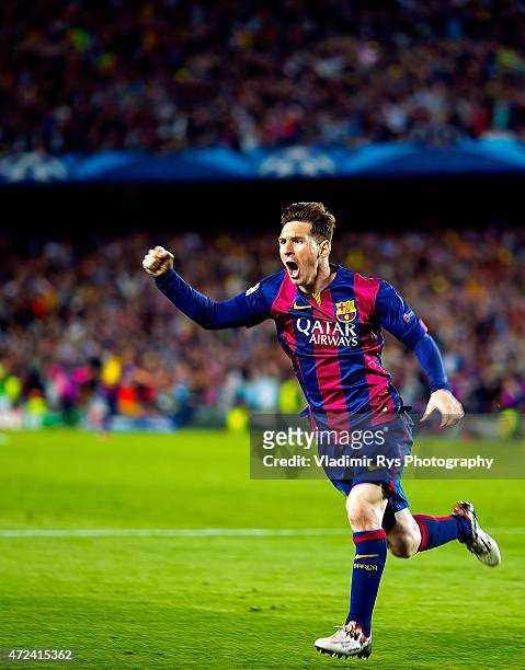 Lionel Messi of Barcelona celebrates after scoring his first goal during the first leg of UEFA Champions League semifinal match between FC Barcelona...
