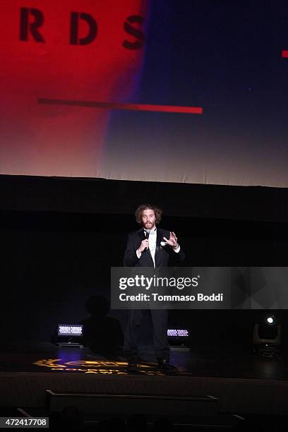 Actor T. J. Miller speaks on stage at the 16th annual Golden Trailer Awards held at Saban Theatre on May 6, 2015 in Beverly Hills, California.