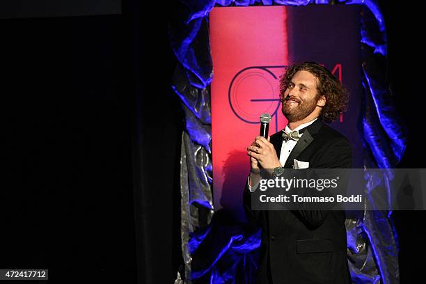 Actor T. J. Miller speaks on stage at the 16th annual Golden Trailer Awards held at Saban Theatre on May 6, 2015 in Beverly Hills, California.