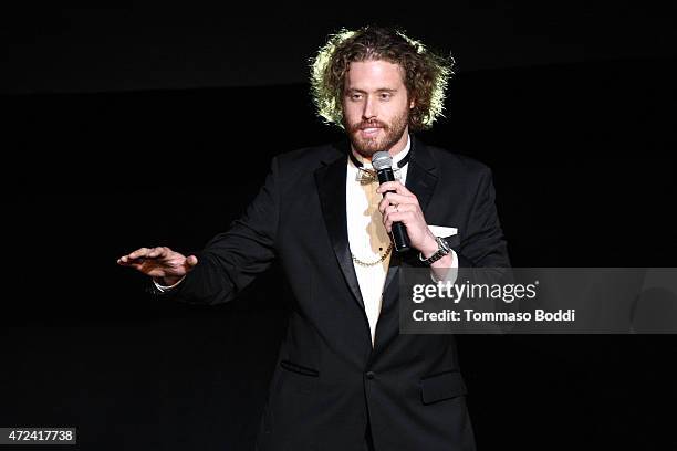 Actor T. J. Miller speaks on stage at the 16th annual Golden Trailer Awards held at Saban Theatre on May 6, 2015 in Beverly Hills, California.