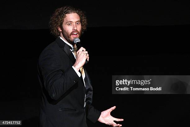 Actor T. J. Miller speaks on stage at the 16th annual Golden Trailer Awards held at Saban Theatre on May 6, 2015 in Beverly Hills, California.