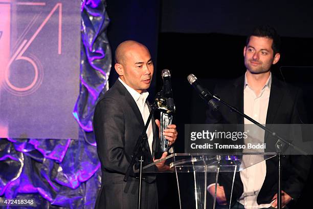 Winners of the Golden Trailer Award for Best Independent Trailer producer Scott Mitsui and editor Zack Pentoney on stage during the 16th annual...