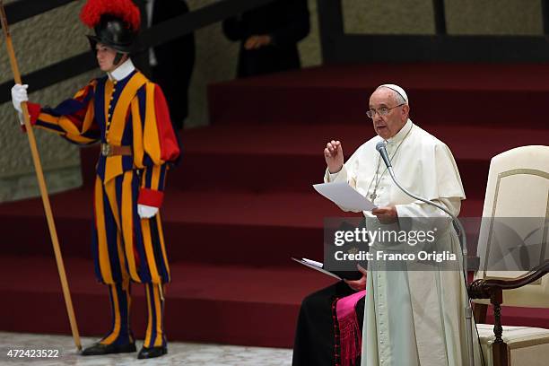 Pope Francis attends an audience with the Societa Sportiva Lazio at the Paul VI Hall on May 7, 2015 in Vatican City, Vatican. Pope Francis is to...