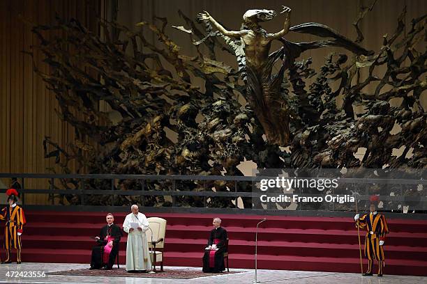 Pope Francis attends an audience with the Societa Sportiva Lazio at the Paul VI Hall on May 7, 2015 in Vatican City, Vatican. Pope Francis is to...