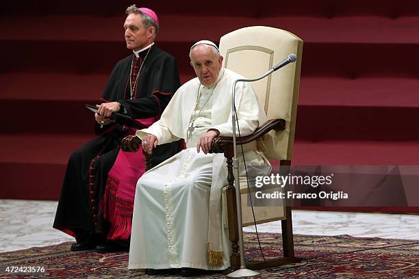 Pope Francis attends an audience with the Societa Sportiva Lazio at the Paul VI Hall on May 7, 2015 in Vatican City, Vatican. Pope Francis is to...