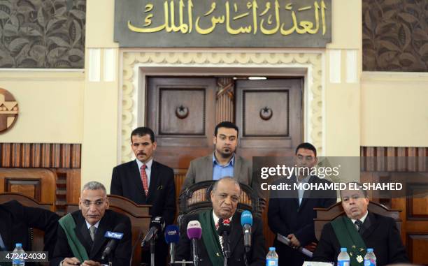 Egyptian Judge Anwar al-Jabri leads a hearing on May 7, 2015 at the Court of Cassation to examine a prosecution appeal against a lower court's ruling...