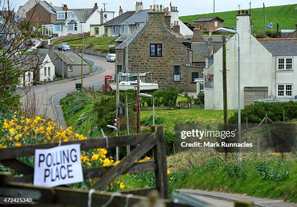 Polling Station sign attached to a gate in the tiny fishing village of Collieston on May 07, 2015 near Ellon, Scotland. The United Kingdom has gone...