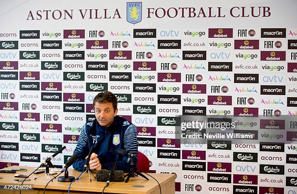 Tim Sherwood, manager of Aston Villa talks to the media during a press conference at the club's training ground at Bodymoor Heath on May 07, 2015 in...