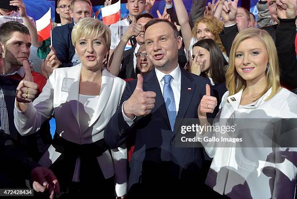 Andrzej Duda with wife Agata and daughter Kinga at a campaign press conference on May 9, 2015 in Warsaw, Poland. Andrzej Duda is the Law and Justice...