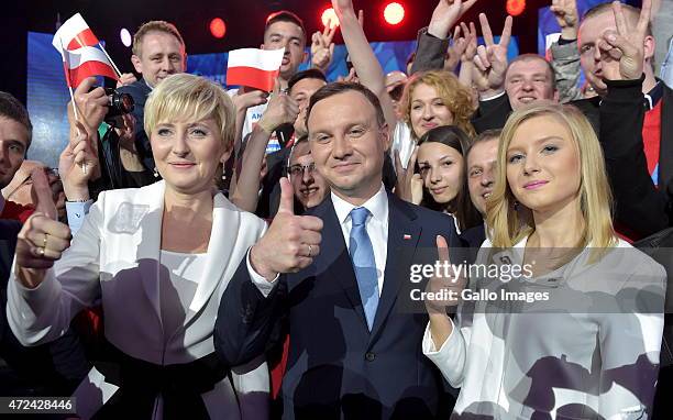 Andrzej Duda with wife Agata and daughter Kinga at a campaign press conference on May 9, 2015 in Warsaw, Poland. Andrzej Duda is the Law and Justice...