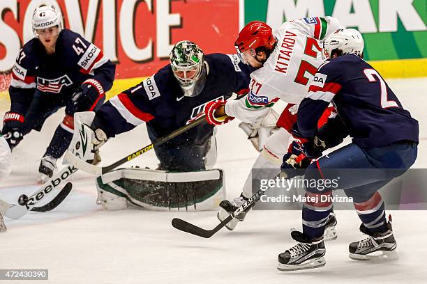 Alexander Kitarov of Belarus scores over Jack Campbell, goalkeeper of USA, during the IIHF World Championship group B match between USA and Belarus...