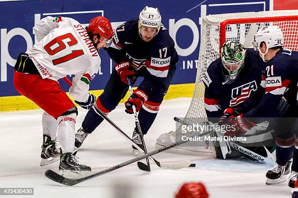 Andrei Stepanov of Belarus tries to score against Jack Campbell , goalkeeper of USA, during the IIHF World Championship group B match between USA and...