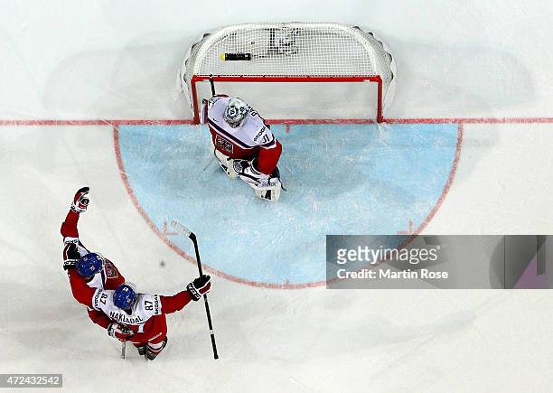 Jakub Nakladal and Jan Kolar of Czech Republic celebrate victory after the IIHF World Championship group A match between Czech Republic and France at...