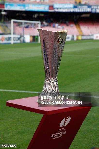 The UEFA Europa League trophy is pictured before the UEFA Europa League semi final first leg football match SSC Napoli vs FK Dnipro Dnipropetrovsk on...
