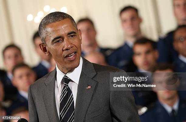 President Barack Obama speaks during the Commander-in-Chief trophy presentation to the United States Air Force Academy football team in the East Room...