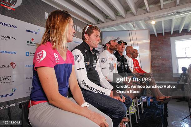 In this handout image provided by the Volvo Ocean Race, Skippers Press Conference following Leg 6; Sam Davies, Charles Caudrelier, Charlie Enright,...