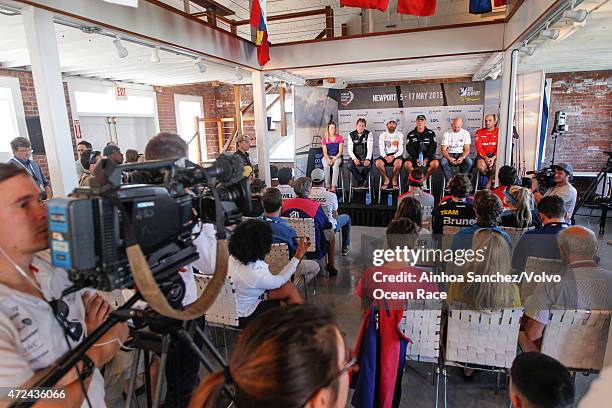 In this handout image provided by the Volvo Ocean Race, Skippers Press Conference following Leg 6; Sam Davies, Charles Caudrelier, Charlie Enright,...