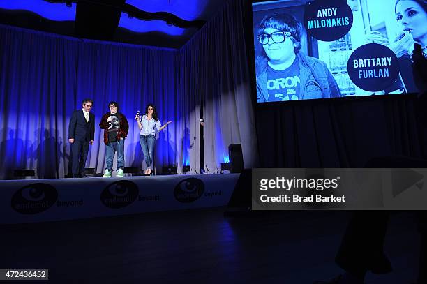 President, Endemol Beyond USA, Will Keenan, Andy Milanokis and Brittany Furlan speak onstsage at Endemol Beyond NewFronts 2015 at Current at Chelsea...