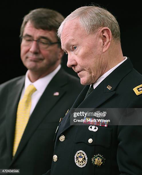 Secretary of Defense Ash Carter and Joint Chiefs of Staff Martin Dempsey speak to the media during a briefing at the Pentagon May 7, 2015 in...