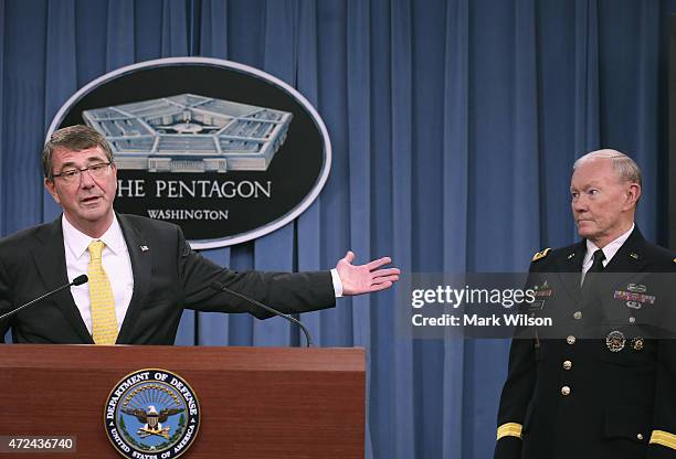 Secretary of Defense Ash Carter and Joint Chiefs of Staff Martin Dempsey speak to the media during a briefing at the Pentagon May 7, 2015 in...