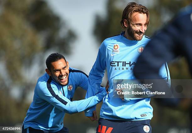 David Williams and Josh Kennedy of Melbourne City laugh during a Melbourne City FC A-League training session at City Football Academy on May 7, 2015...