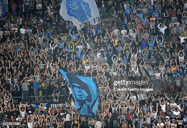 Napoli supporters cheer on their team during the UEFA Europa League Semi Final between SSC Napoli and FC Dnipro Dnipropetrovsk on May 7, 2015 in...