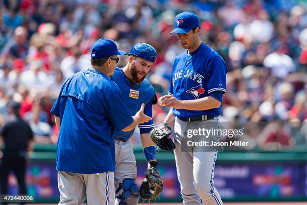 Manager John Gibbons of the Toronto Blue Jays removes relief pitcher Jeff Francis of the Toronto Blue Jays during the fifth inning against the...