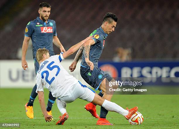 Marek Hamsik of Napoli vies with Valeriy Fedorchuk of FC Dnipro Dnipropetrovsk during the UEFA Europa League Semi Final between SSC Napoli and FC...