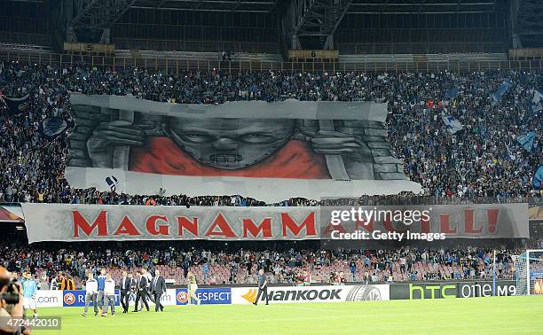 Napoli's supporters cheer on their team during the UEFA Europa League Semi Final between SSC Napoli and FC Dnipro Dnipropetrovsk on May 7, 2015 in...