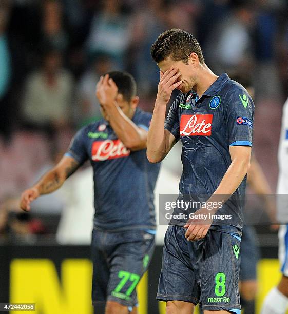 Napoli's player Jorginho and Walter Gargano stands disappointed during the UEFA Europa League Semi Final between SSC Napoli and FC Dnipro...