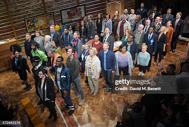 The cast of "The Vote" bow at the curtain call during the opening of The Donmar Warehouse's production of "The Vote" on election night at the Donmar...