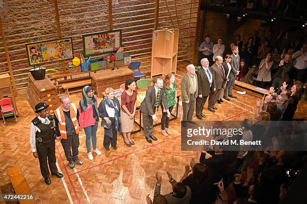 The cast of "The Vote" bow at the curtain call during the opening of The Donmar Warehouse's production of "The Vote" on election night at the Donmar...